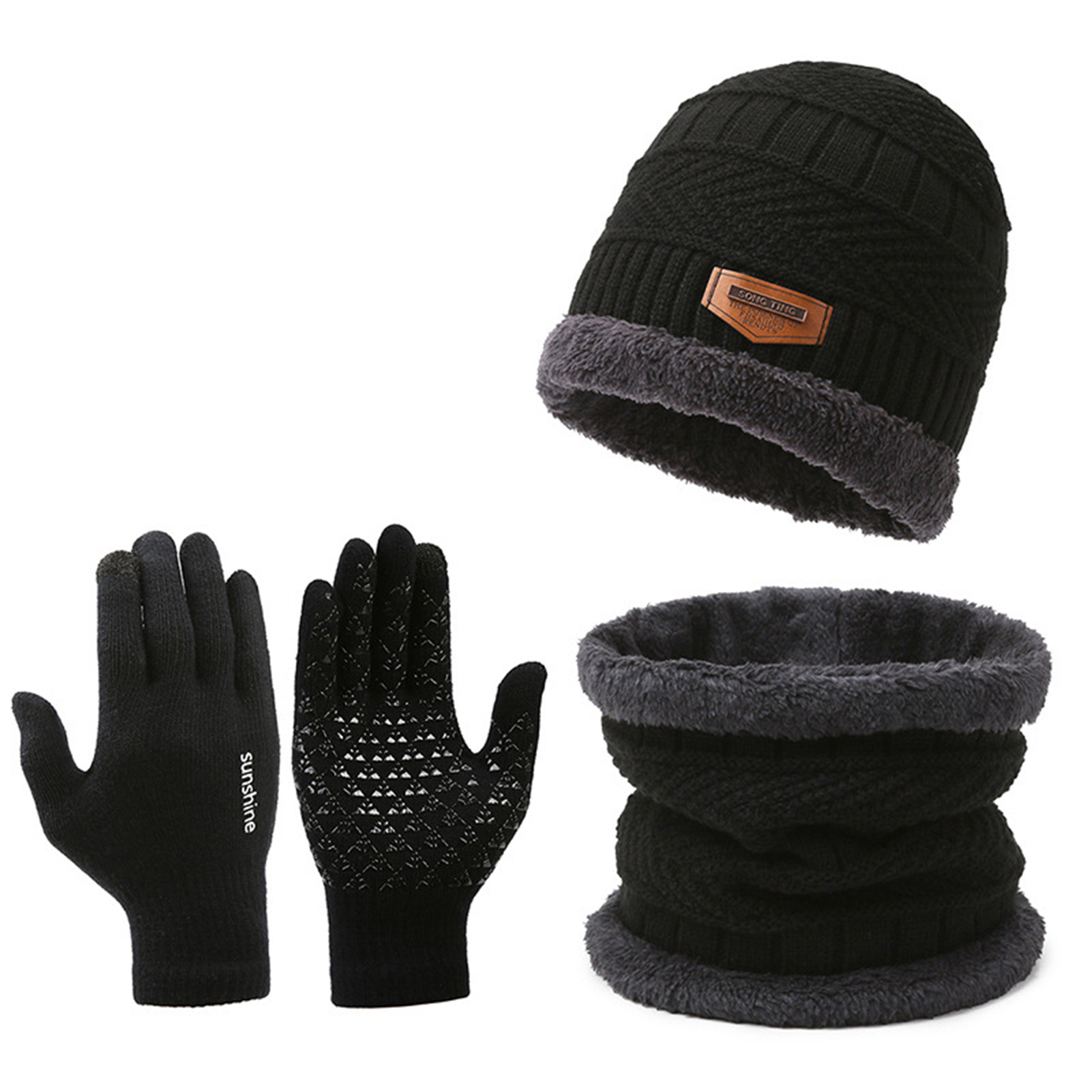 Warkul Men Winter Hat Scarf Gloves Set Thick Knitted Soft Warm Elastic Colorful Ear Five Fingers Windproof Winter Outdoor Cycling Cap Neck Warp Gloves Set
